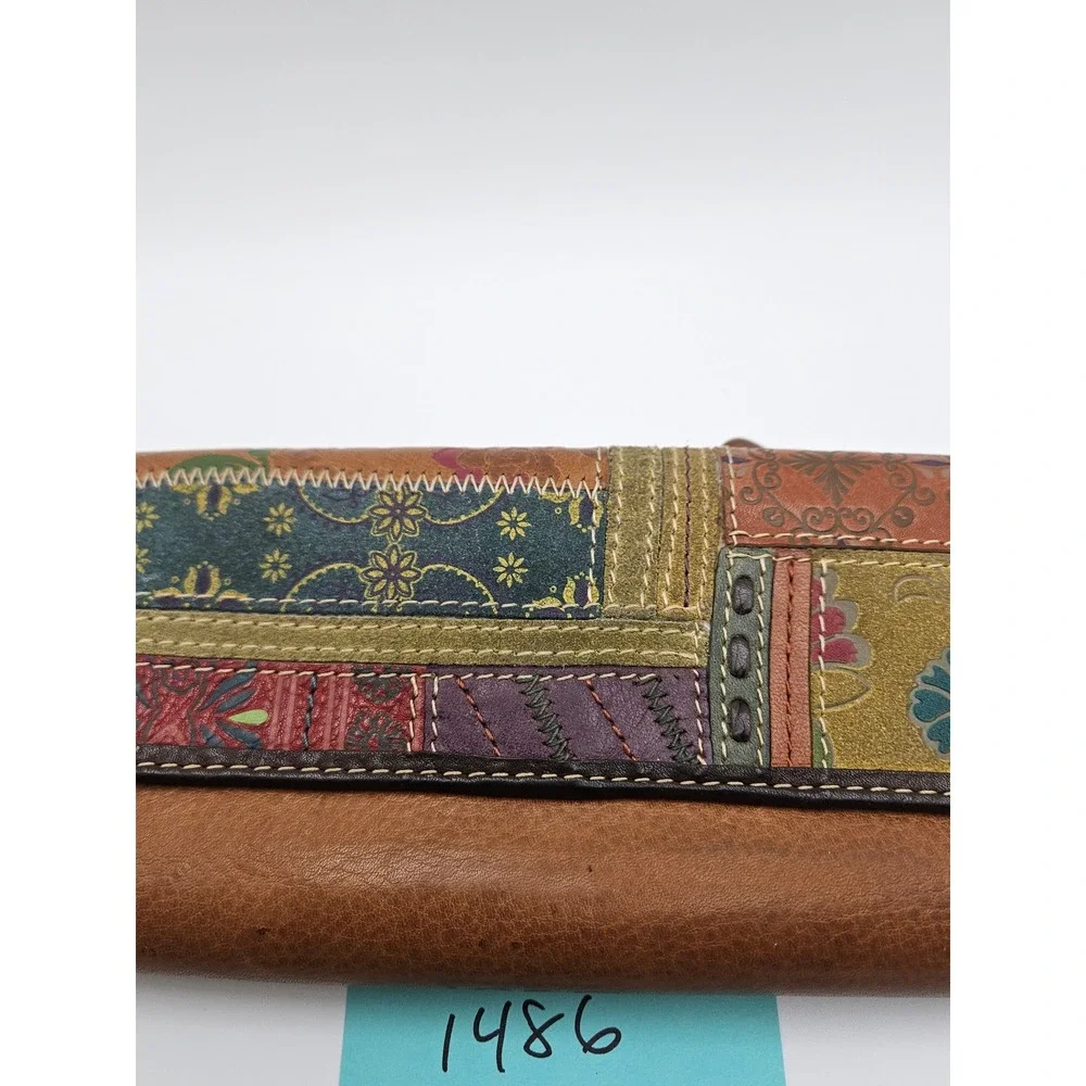 Fossil Brown Leather Patchwork Floral Tri-Fold Wallet with Zipper Pocket